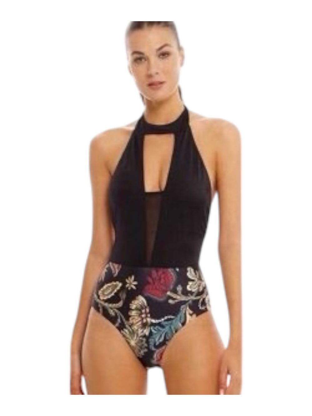 Costa Linda Beachwear High Neck One Piece Swimsuit NWT Med Black Floral Beaded